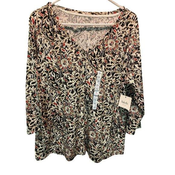 Rafaella Weekend Plus Size Womens 3/4 Sleeve Printed Top 1X Black/Red/White Cott - Picture 1 of 7